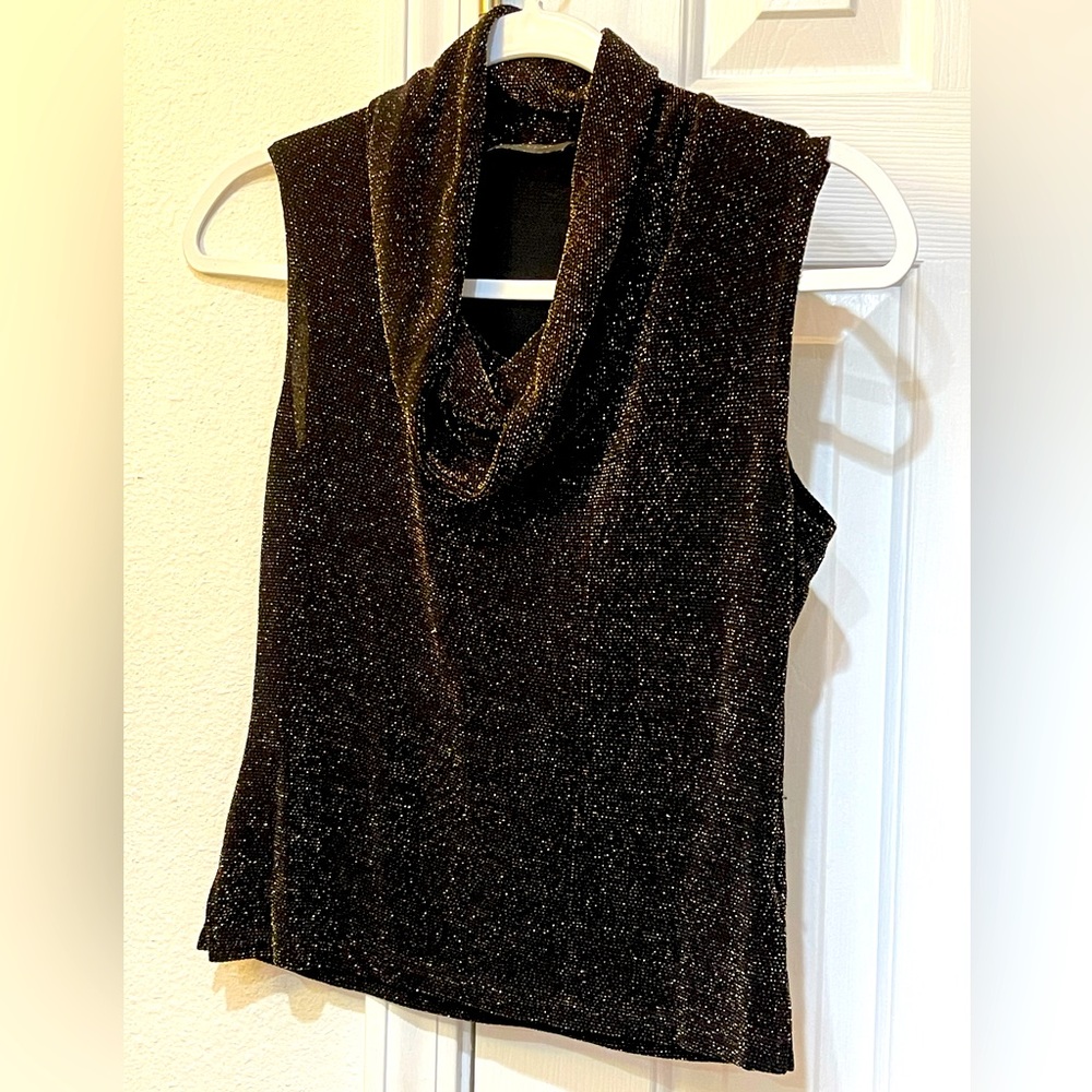 LINDA LEAL GOLD SPARKLE COWL NECK BLACK SLEEVELESS TOP. Dressy Blouse! Size M